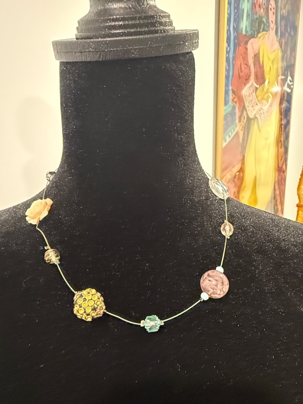 glam Pastel Floral and Bead Necklace with Pink, Yellow and Green Accents